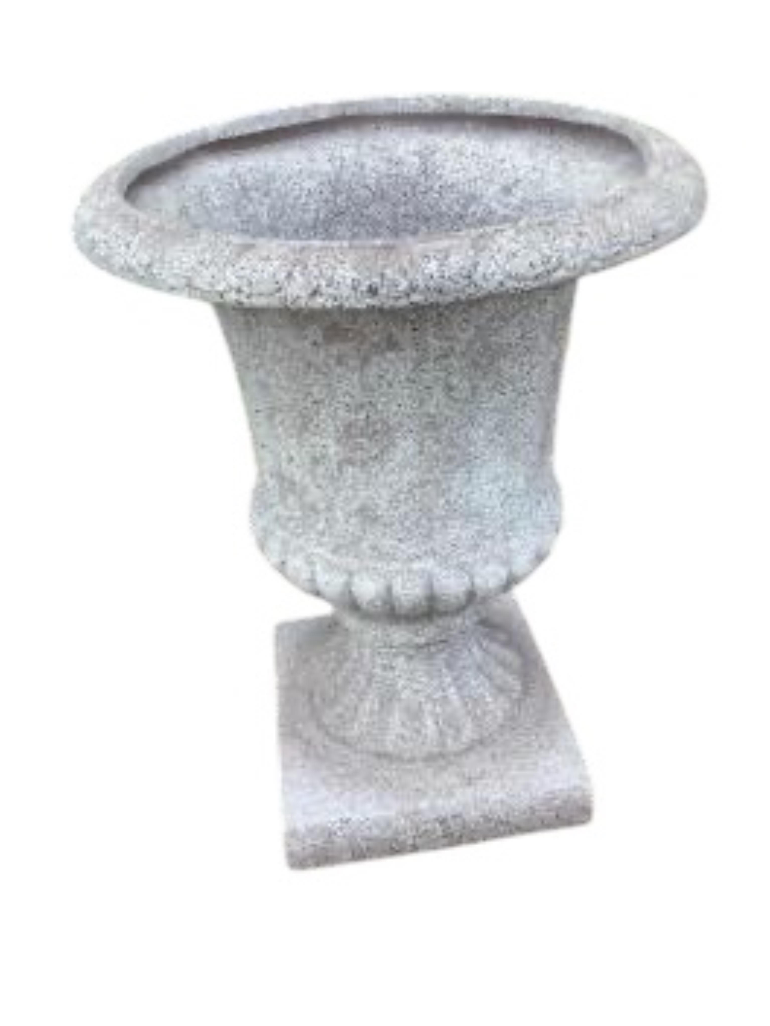 A pair of circular Fibreclay campana garden urns, diameter 54cm, height 72cm